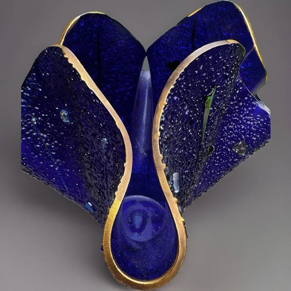 Vintage Nason Murano Fazzoletto Handkerchief Vase Cobalt Gold Aventurine 7x9”